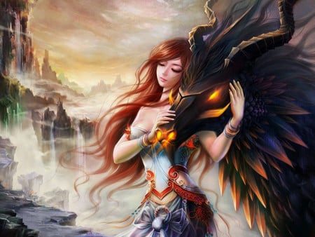 Fantasy_Girl_and_dragon - fantasy, anime, dragon, girl, sky, other