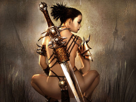 Contemplating The Battle To Come - oriental, fantasy, female, warrior, girl, sword