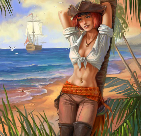 Pirate - painting, girl, pirate, sea