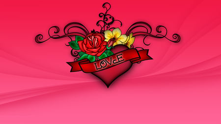 Love's Design - flowers, heart, yellow, red, love, swirls, banner