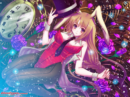 Kiryu Mina - flowers, anime, purple, tophat, clock, bunny, suit