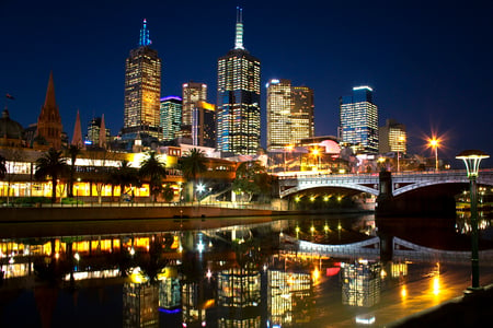 City Lights - beauty, sky, trees, peaceful, colorful, road, view, lanterns, reflection, river, architecture, house, bridge, melbourne, houses, night, buildings, skyscrapers, skyline, beautiful, city, colors, lights