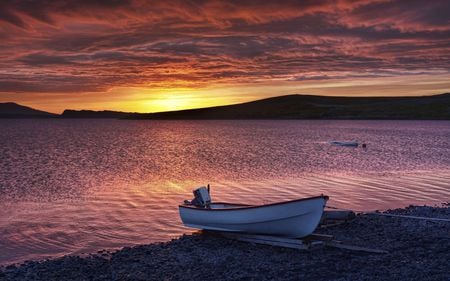 Sunset - hills, beach, boat, evening, landscape, blue sky, view, lake, sky, clouds, water, beautiful, beauty, colors, rest, stones, boats, colorful, nature, sunset, peaceful