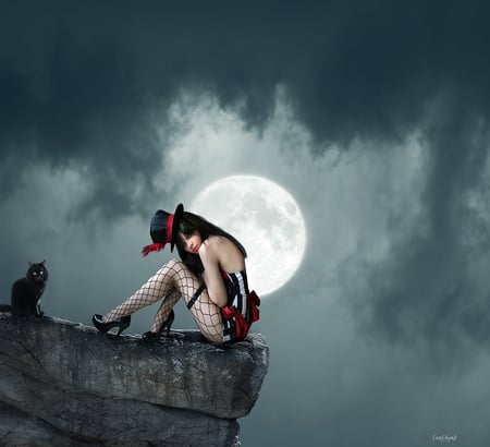 Night of Wishes - woman, black cat, girl, cat, night, fantasy, alone, full moon, wishes