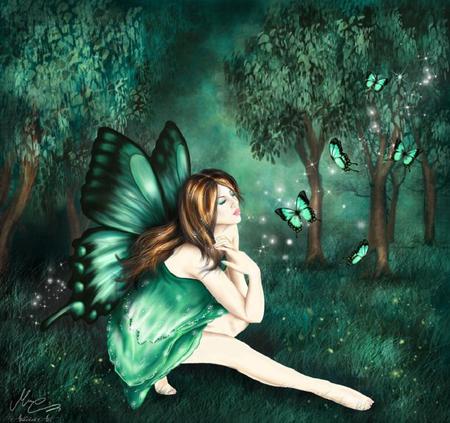 The Green Butterfly - woman, butterfly, forest, meadow, butterflies