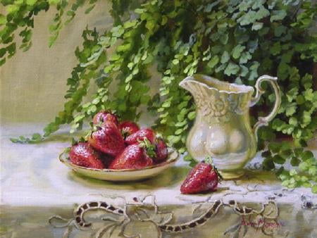 Strawberries & Cream - greenery, strawberries, pitcher, plate, cloth, painting, table