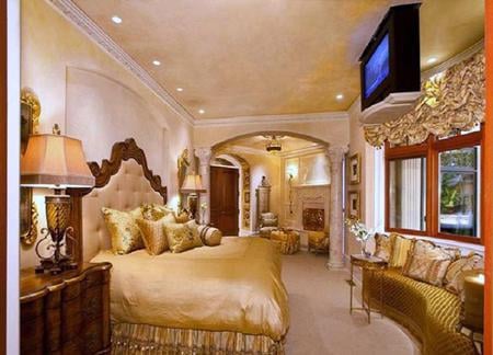 A good night's sleep - luxury, cushions, window, television, lamps, bedroom, gold decor, lights