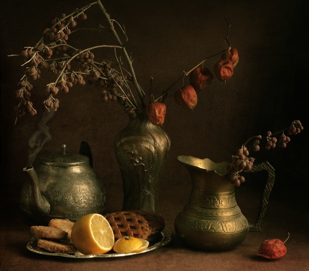 old time - old cups, abstract, still life, dry flowers