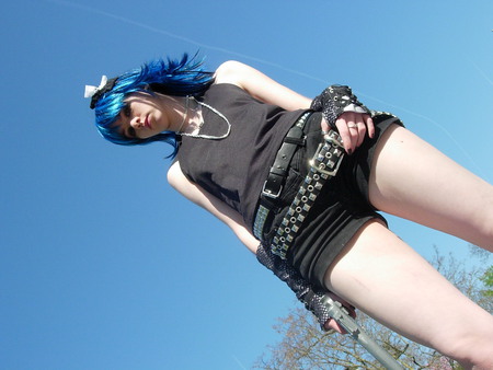 Hot Goth with a Gun - Watch Out World - belt, gun, girl, beauty, goth, fantasy, blue hair, sky, gloves