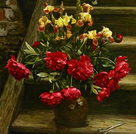 Still Life Peonies & Irises - vase, yellow, steps, peonies, flowers, irises, red, painting, arrangement, scissors