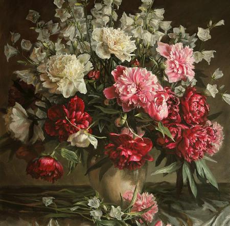 Peonies Forever - cloth, stems, table, pink, leaves, peonies, white, red, painting, arrangement