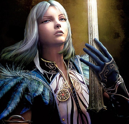 Taking the Oath - female, warrior, blue, sword, fantasy, blonde