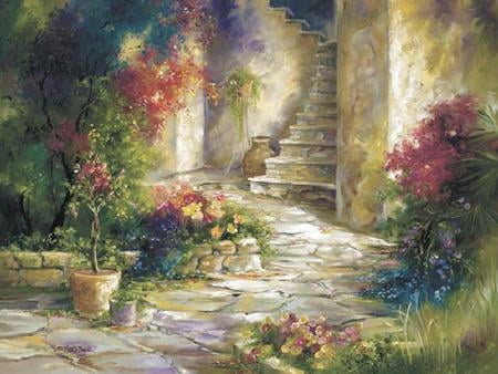 Backdoor Steps - flower pot, stone, garden, painting, plants, steps