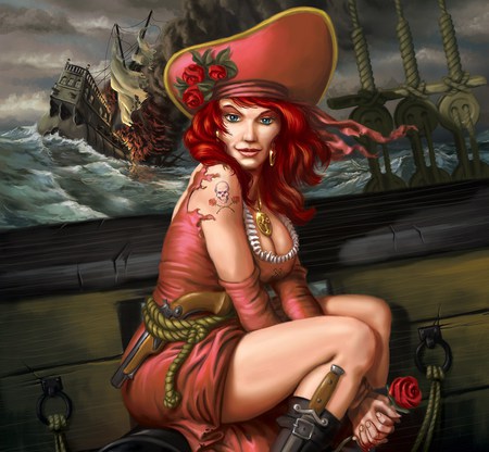 Pirate Girl - attack, ship, girl, battle, high seas, buccaneer, pirate, venturer, rose