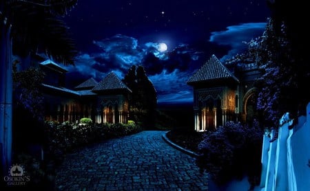 Sanctuary - gateway, road, sanctuary, night, pathway, moonlight, guiding lights