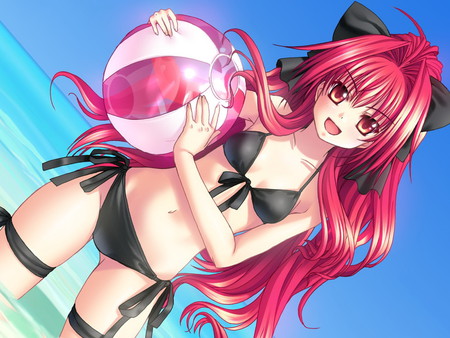 With_a_ball_in_hands - girls, sky, beach, hair, ball, other, red, bikini, anime