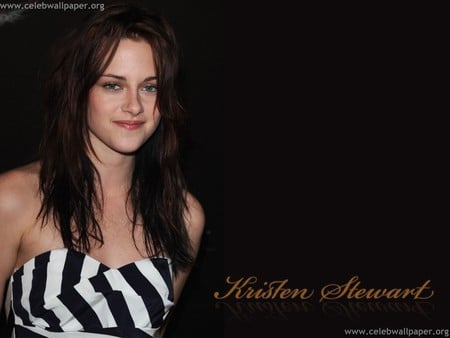 Kristen Stewart - black and white dress, smile, female, eyes blue, black hair, actress