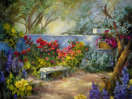 Stop & Smell the Roses - painting, trees, roses, wall, sign, bench