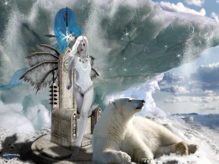 Ice Queen - ice, sky, female, clouds, throne, snow, bear, water