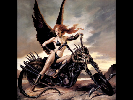 Winged Rider - tail, blades, redhead, bike, hells angel, female, wings, fantasy