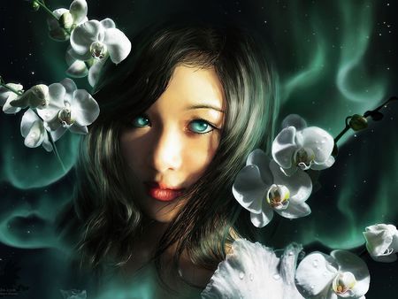 Orchid Nebula - white, beauty, girl, eyes, orchid, green, flowers, fantasy