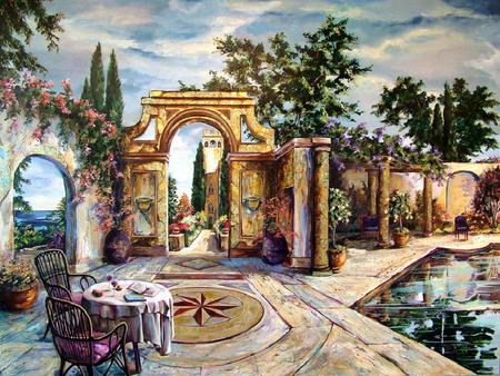 The Belltower - sky, building, trees, pots, water, columns, chairs, painting, arch, cloud, table, trellis