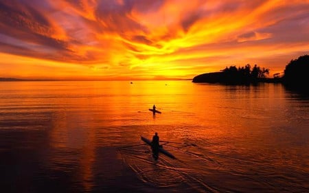 Kayaks in the sunset - reflections, clouds, kayaks, sunset, orange and gold sky, island