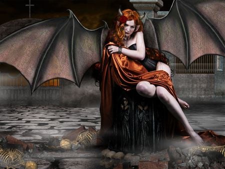 Throne of Despair - fantasy, female, wings, girl, devil, skeletons, horns