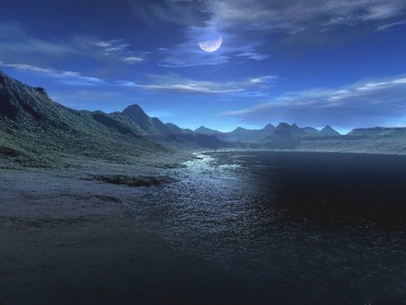 BLUE NIGHT - sky, mountains, clouds, beach, moon, ocean, night, blue