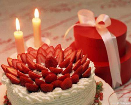 Valentine Day - strawberry cake, cream, candle light, gifts