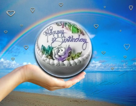 Rainbow Birthday - cake, rainbow, ocean, hand, birthday