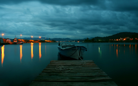 Beautiful Night - beauty, sky, trees, peaceful, ships, colorful, bay, view, quiet, lanterns, reflection, clouds, bridge, boat, ocean, lake, boats, landscape, light, night, lovely, nature, ship, pier, beautiful, city, rest, colors, sea, lights