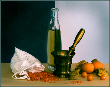 still life 1 - nature, olive oil, art photo, fruits, still life