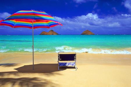 Summer Beach - chaise longue, umbrella, tropical, summer, blue, sea, ocean, sand