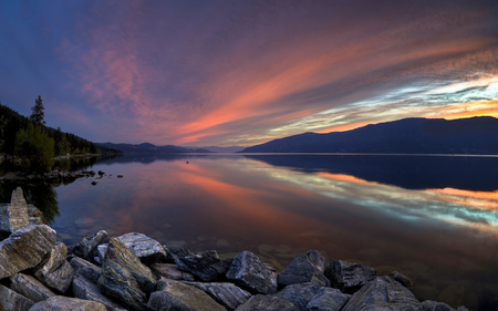 Okanagan Lake Sunset - clouds, beautiful, reflection, shore, forests, rocky, sunset, nature, twilight, mountains, lakes