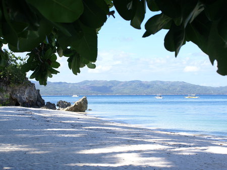 Shaded Outlook - philippines, beach, boat, rock, ocean, sand, leaves