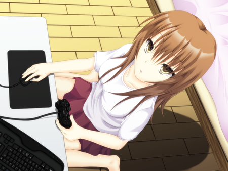 Play time.... - sitting, stare, hot, eyes, playstation, anime girl, cute, short hair, yellow eyes, sexy, computer, gold, games, pink, mouse, keyboard, school girl