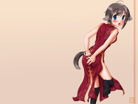 Blushing Catgirl - beauty, sexy, hot, blushing, beautifull, anime girl, catgirl, red, cute, short hair, dress