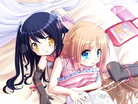 Not getting alot done - adorable, blue eyes, blushing, gold eyes, anime girl, black hair, lollie, bow, orange hair, yuri, cute