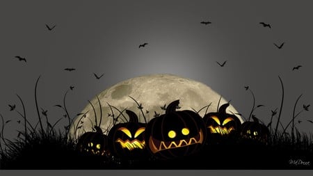 Smiling Jacks - moon, pumpkins, night, firefox persona, scary, bats, holiday, jack o lanterns, halloween