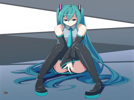 Hatsune Miku - pretty, tie, anime, vocaloid, blue, twintail, hatsune miku, blue hair, nice, blue eyes, skirt, beautiful, hot, thighhighs, beauty, cool, black, white, miku, awesome, shy, cute, hatsune, sexy, vocaloids