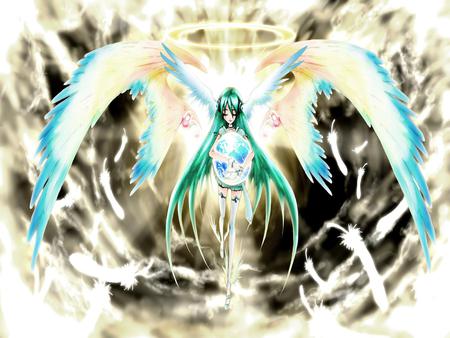 Hatsune Miku - beauty, nice, angel, wings, twintail, white, pretty, cool, anime, miku, planet, cute, earth, hatsune miku, feathers, blue eyes, vocaloids, blue hair, hatsune, vocaloid, blue, beautiful, awesome