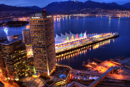 Vancouver 7 Sails - ocean, water, night, highrise, view, vancouver, sails, blue, city