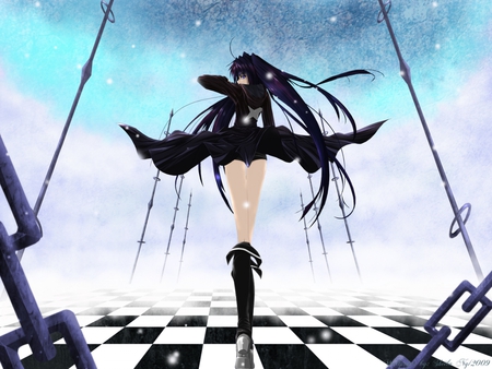 Don't look back.... - anime girl, blue, hot, shooter, rock, beauty, black rock shooter, black, chains, cute, beautifull, brs, sexy, sky