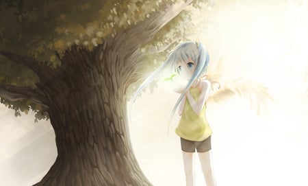 Little Angel - blue hair, girl, angel, twintails, light, plant, wings, tree