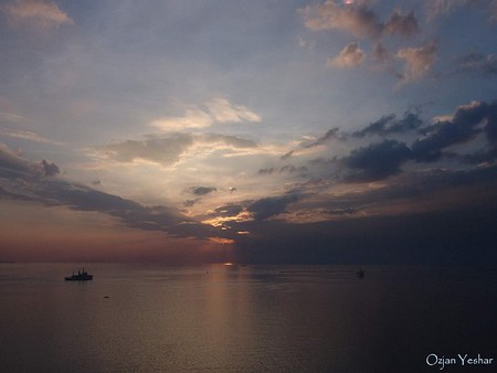 Ocean At Dusk - clouds, dusk, ocean, boat