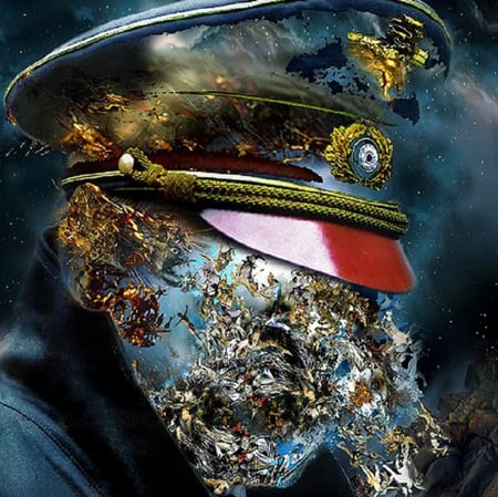 Disintegration - face, apart, abstract, hat, blue, digital, disintegrate