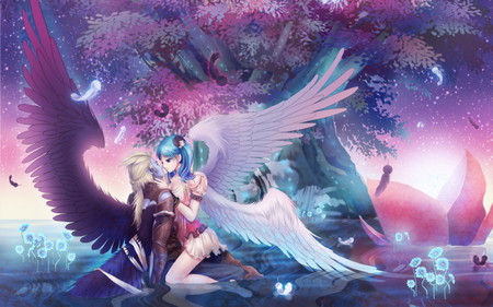 Kiss_of_angels - wings, sky, angels, kiss, anime, other