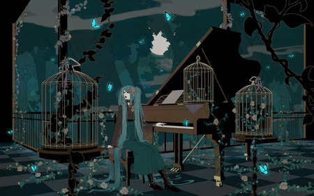 piano cages - piano, bird, anime, female, butterflies, girl, dark, flowers, music, cage, nature, green, woman