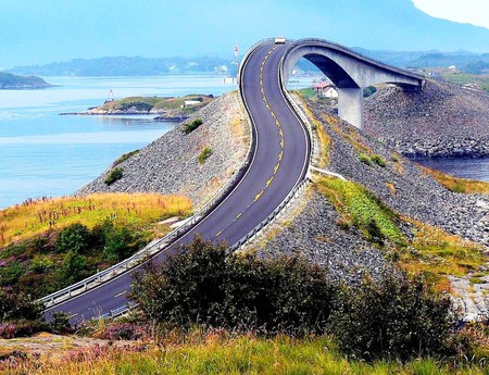 Drunken bridge - highway, trees, twisted bridge, ocean, norway